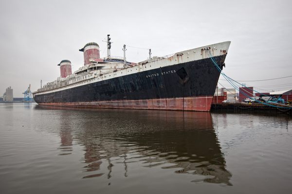 The SS United States moored in Philadelphia in 2008. The grand ocean liner’s fate has been the subject of years of debate.